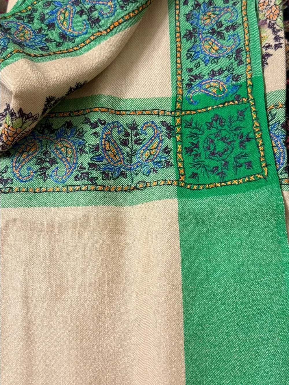 Highly unusual bi-color Shawl, green woven Border Scarf intricate embroidery